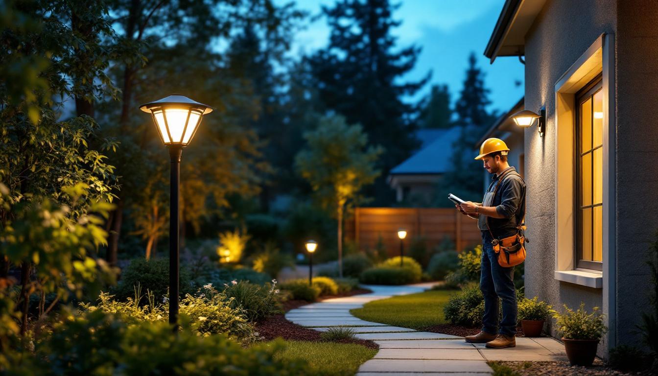 A photograph of a well-lit outdoor space showcasing mounted solar lights illuminating a beautifully landscaped area