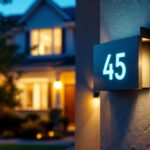 A photograph of a lighting contractor installing or showcasing an address number light on a residential property