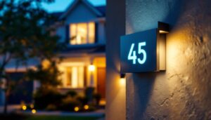 A photograph of a lighting contractor installing or showcasing an address number light on a residential property