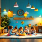 A photograph of a brightly lit playroom showcasing a variety of playful lighting fixtures