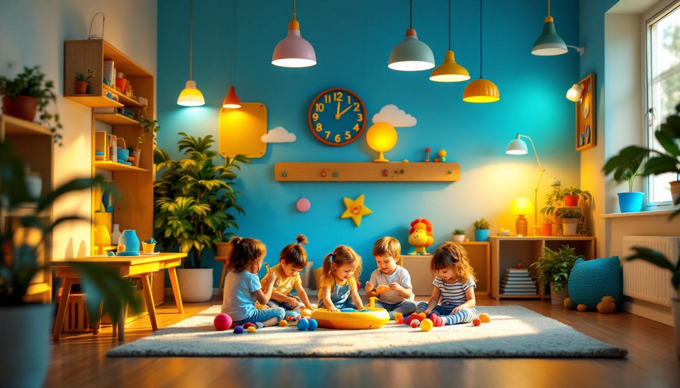 A photograph of a brightly lit playroom showcasing a variety of playful lighting fixtures