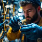 A photograph of a skilled technician carefully splicing connectors in a well-lit environment