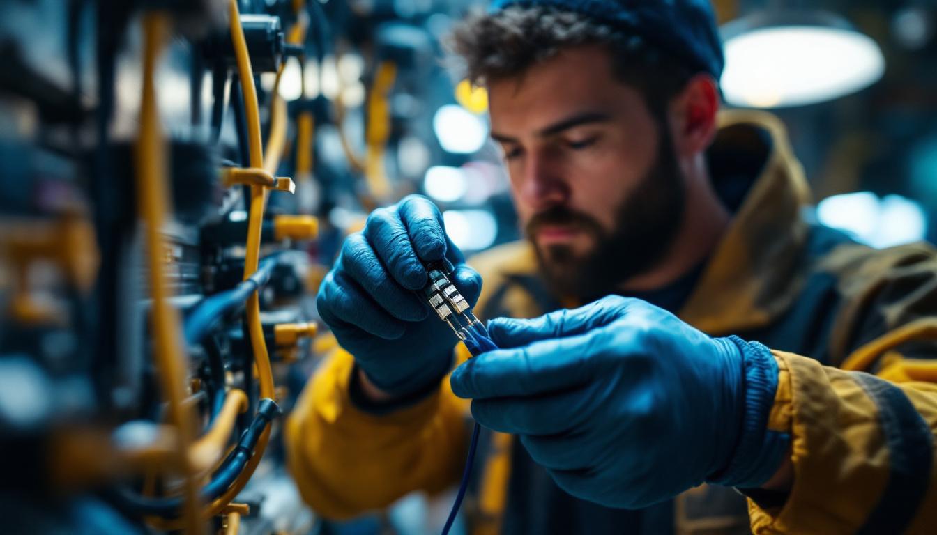 A photograph of a skilled technician carefully splicing connectors in a well-lit environment