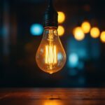 A photograph of a vintage light bulb glowing warmly in a dimly lit environment