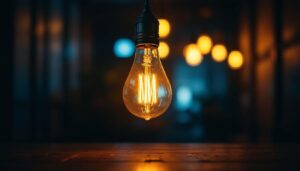 A photograph of a vintage light bulb glowing warmly in a dimly lit environment