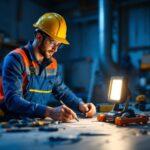 A photograph of a lighting contractor in action