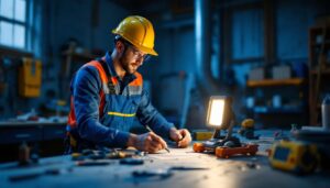 A photograph of a lighting contractor in action