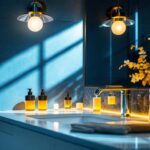 A photograph of a beautifully designed vanity illuminated by stylish lighting fixtures