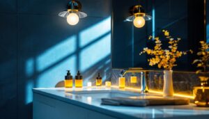 A photograph of a beautifully designed vanity illuminated by stylish lighting fixtures