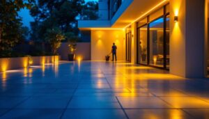 A photograph of a beautifully illuminated outdoor space featuring vibrant led corner lights