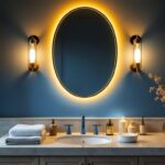 A photograph of a beautifully designed powder room featuring an elegant light fixture