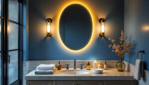 A photograph of a beautifully designed powder room featuring an elegant light fixture