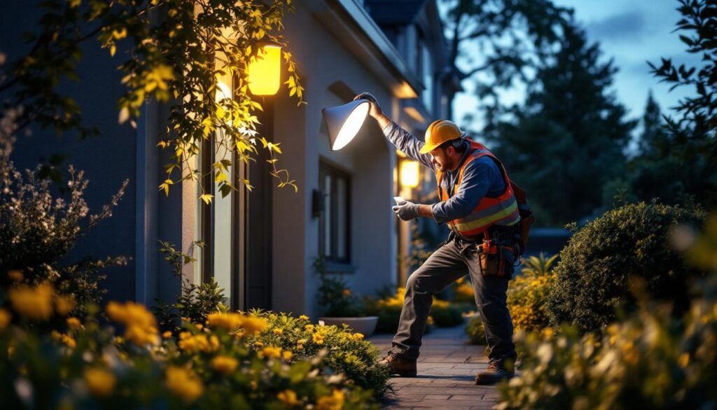 A photograph of a skilled lighting contractor installing an outdoor light shield in a beautifully landscaped garden at dusk