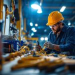 A photograph of a lighting contractor working on a job site