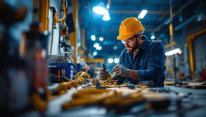 A photograph of a lighting contractor working on a job site