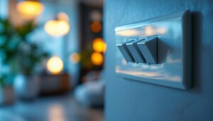 A photograph of a close-up of a triple switch light switch panel