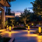 A photograph of a well-lit outdoor space featuring various solar-powered lights in use
