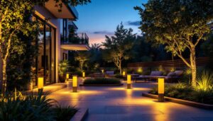 A photograph of a well-lit outdoor space featuring various solar-powered lights in use