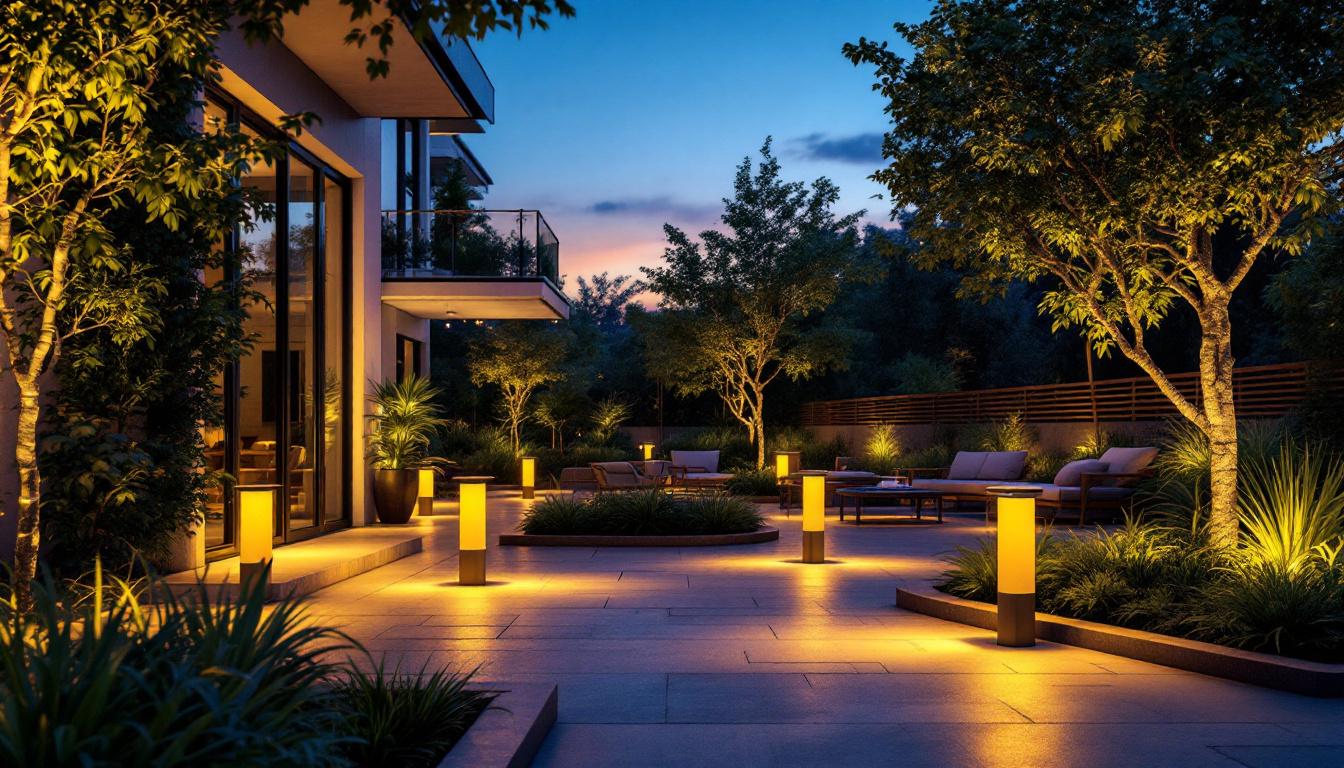 A photograph of a well-lit outdoor space featuring various solar-powered lights in use