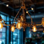 A photograph of a stunning industrial chandelier hanging in a stylish