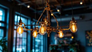 A photograph of a stunning industrial chandelier hanging in a stylish