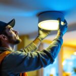 A photograph of a skilled lighting contractor installing or adjusting smart ceiling lights in a modern home setting