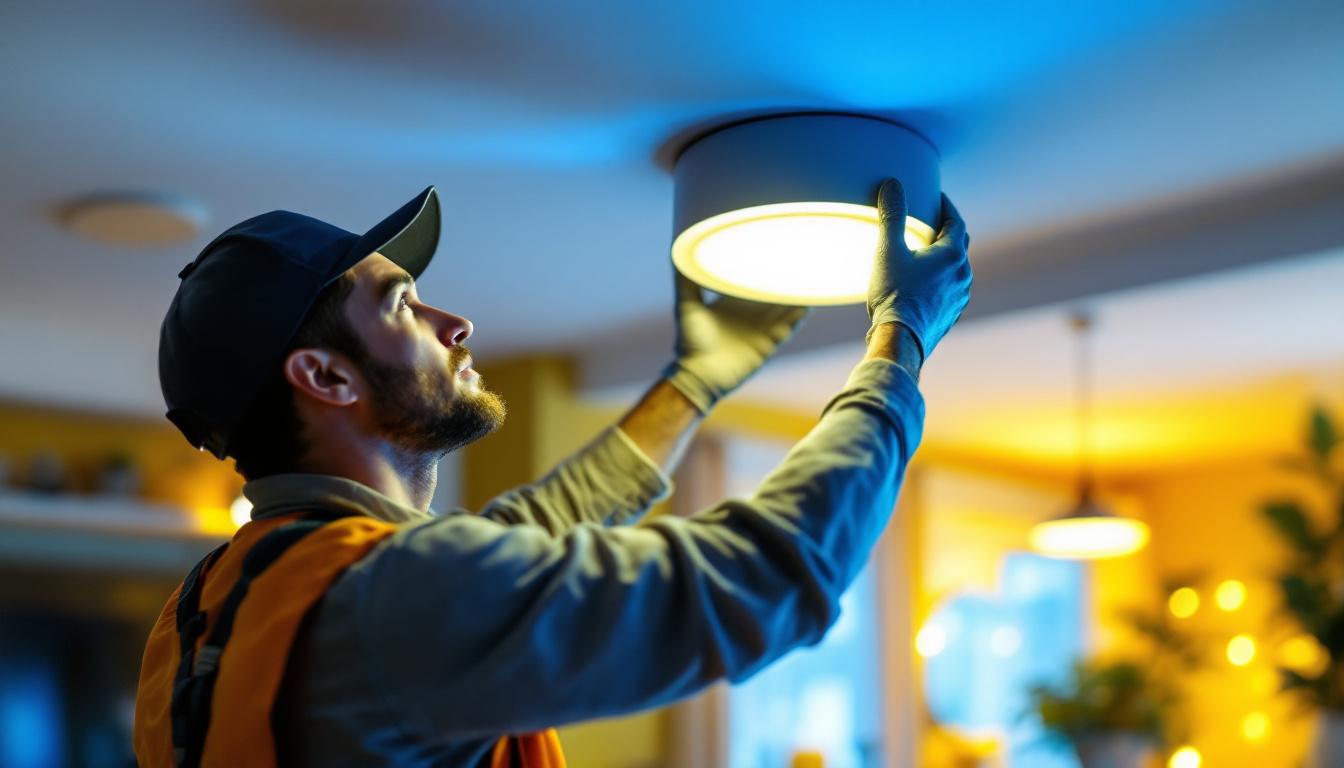 A photograph of a skilled lighting contractor installing or adjusting smart ceiling lights in a modern home setting