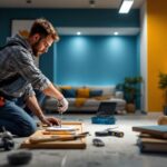 A photograph of a lighting contractor efficiently installing a recessed lighting kit in a modern home setting