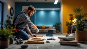 A photograph of a lighting contractor efficiently installing a recessed lighting kit in a modern home setting