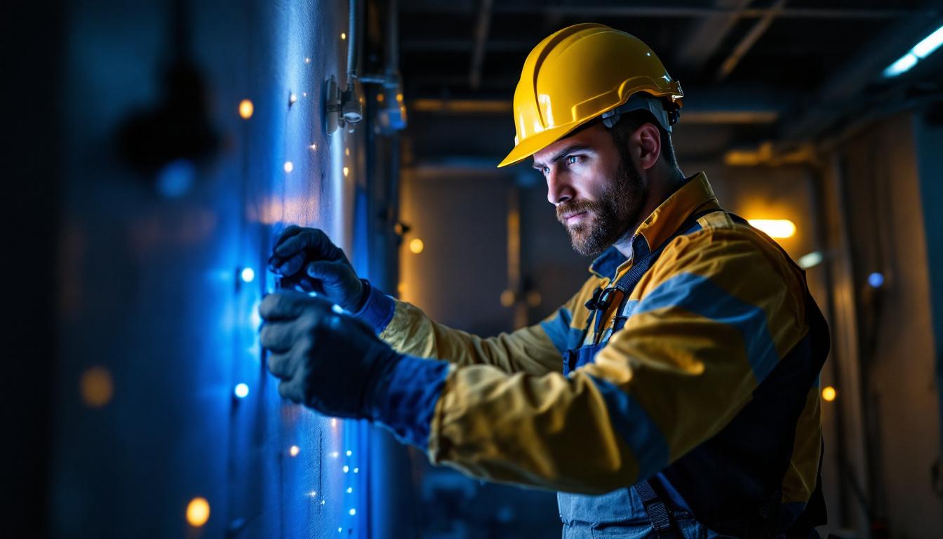 A photograph of a lighting contractor actively engaged in a vibrant installation project