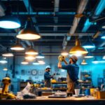 A photograph of a well-lit workspace featuring a variety of led shop lights in use
