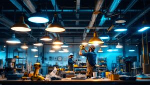 A photograph of a well-lit workspace featuring a variety of led shop lights in use
