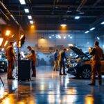 A photograph of a well-lit auto shop interior showcasing various types of professional lighting equipment in use