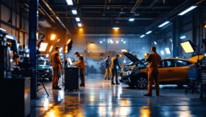 A photograph of a well-lit auto shop interior showcasing various types of professional lighting equipment in use