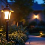A photograph of a beautifully illuminated front yard lamp at dusk