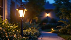 A photograph of a beautifully illuminated front yard lamp at dusk