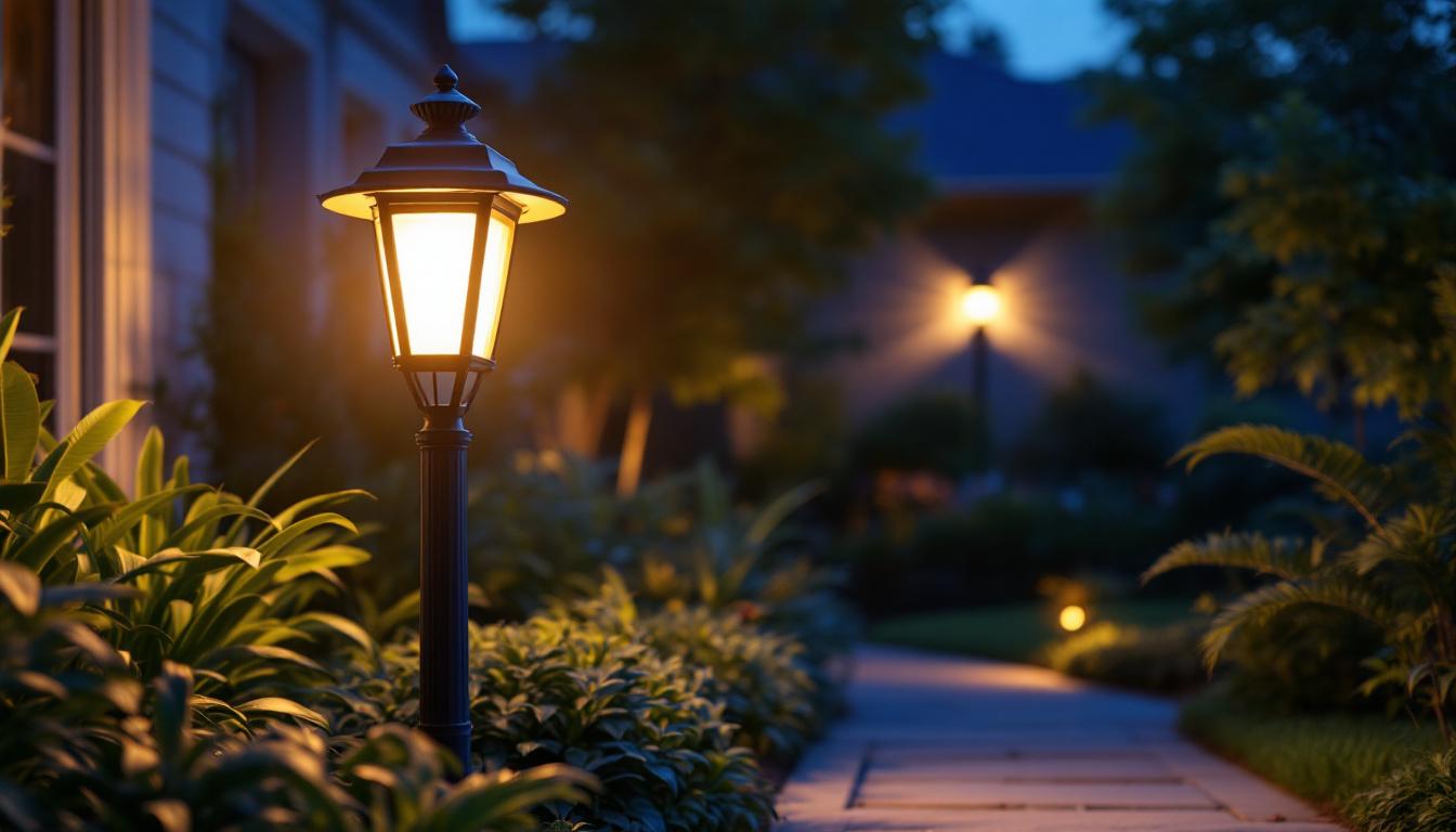 A photograph of a beautifully illuminated front yard lamp at dusk