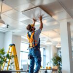 A photograph of a lighting contractor installing low profile drop ceiling panels in a well-lit commercial space