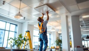 A photograph of a lighting contractor installing low profile drop ceiling panels in a well-lit commercial space