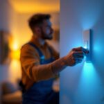 A photograph of a lighting contractor installing a modern receptacle light in a residential setting