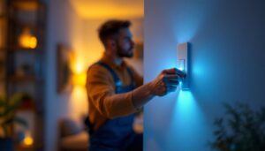 A photograph of a lighting contractor installing a modern receptacle light in a residential setting