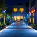 A photograph of a beautifully illuminated outdoor space featuring flood light led installations