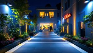 A photograph of a beautifully illuminated outdoor space featuring flood light led installations