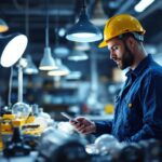 A photograph of a lighting contractor at work
