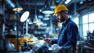 A photograph of a lighting contractor at work