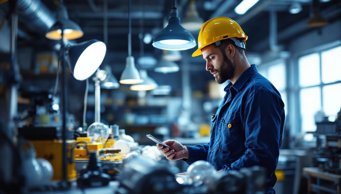 A photograph of a lighting contractor at work
