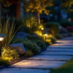 A photograph of a beautifully landscaped outdoor space illuminated by stylish inground solar lights at dusk