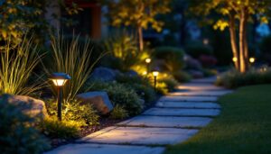 A photograph of a beautifully landscaped outdoor space illuminated by stylish inground solar lights at dusk