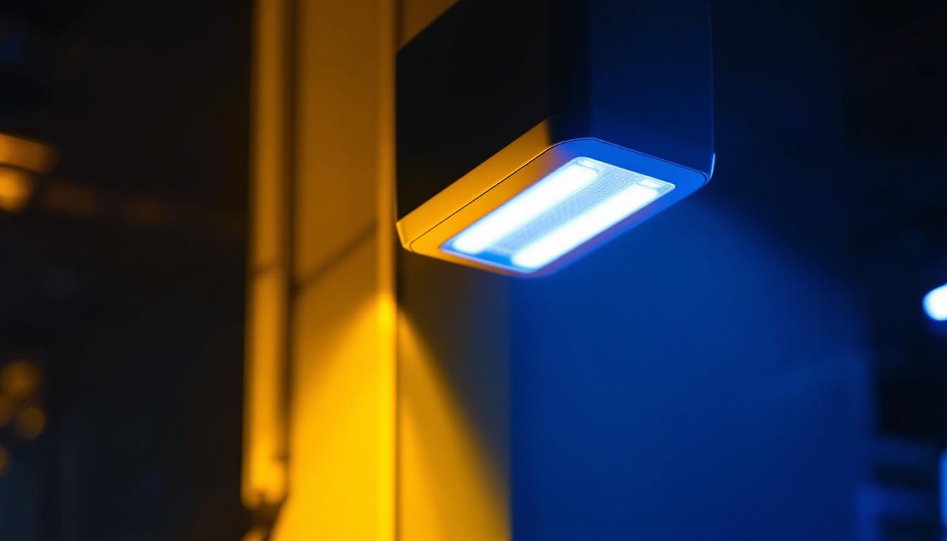 A photograph of a modern battery emergency lighting system installed in a commercial setting