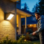 A photograph of a lighting contractor installing outdoor motion sensor lights in a residential setting